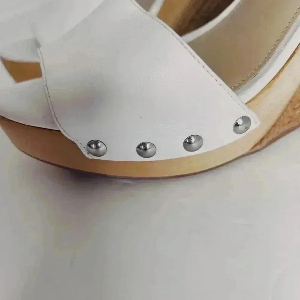 Via Spiga White Leather Wedges Woven Sandal Heels Women's Size 8 - Picture 7 of 12